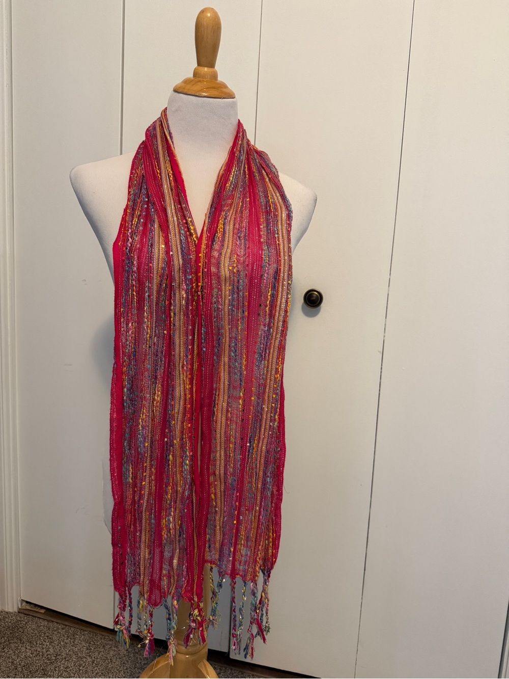 Pink Multicolor Fringe Scarf - Lightweight - Picture 7 of 10